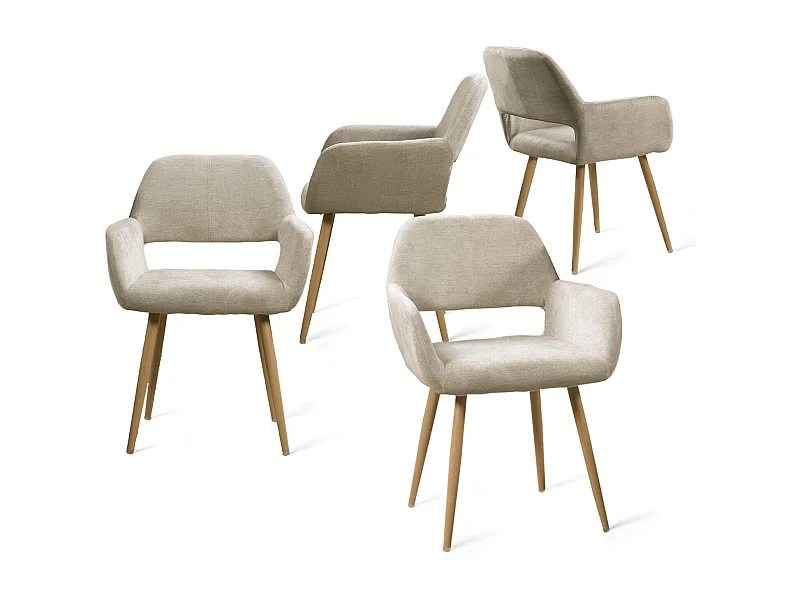 Lot de 4 Chaises de Salle à Manger Fauteuil Assise rembourrée en Tissu Pieds en métal Imitation Bois pour Cuisine Salon Chambre Bureau, Beige, Acier allié