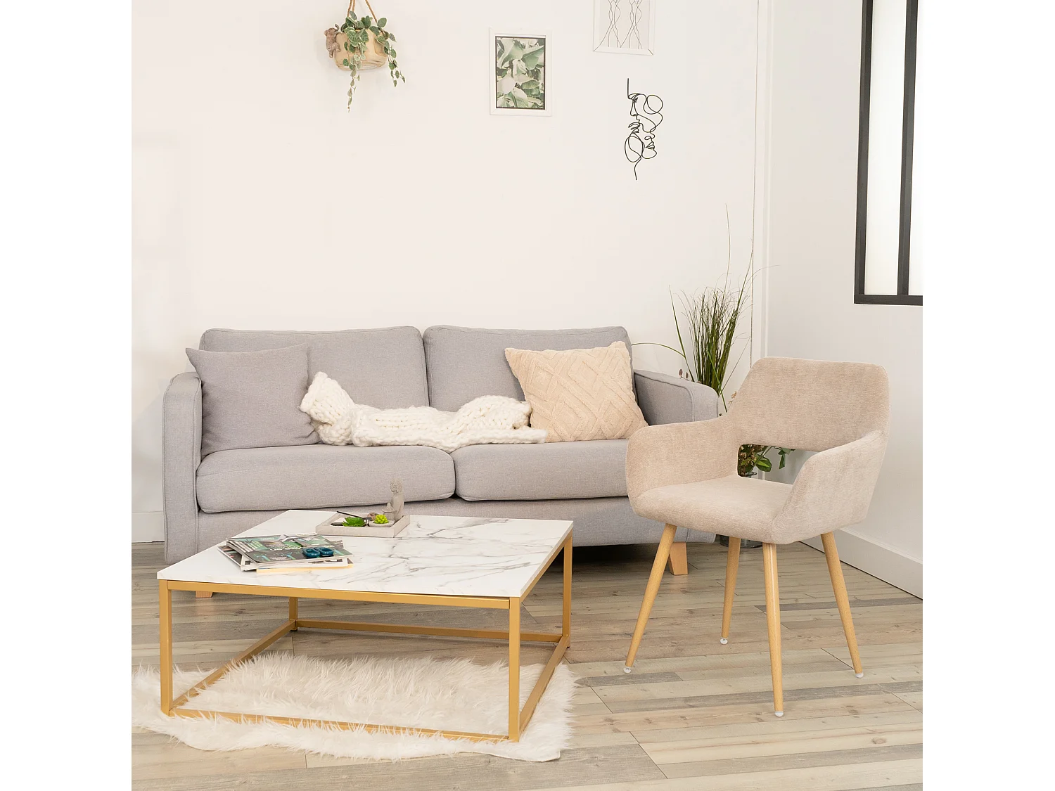 Lot de 4 Chaises de Salle à Manger Fauteuil Assise rembourrée en Tissu Pieds en métal Imitation Bois pour Cuisine Salon Chambre Bureau, Beige, Acier allié