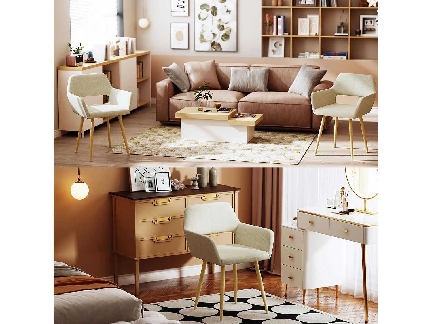 Lot de 4 Chaises de Salle à Manger Fauteuil Assise rembourrée en Tissu Pieds en métal Imitation Bois pour Cuisine Salon Chambre Bureau, Beige, Acier allié