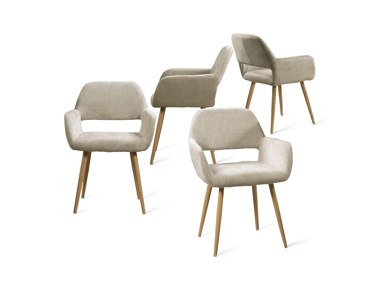 Lot de 4 Chaises de Salle à Manger Fauteuil Assise rembourrée en Tissu Pieds en métal Imitation Bois pour Cuisine Salon Chambre Bureau, Beige, Acier allié