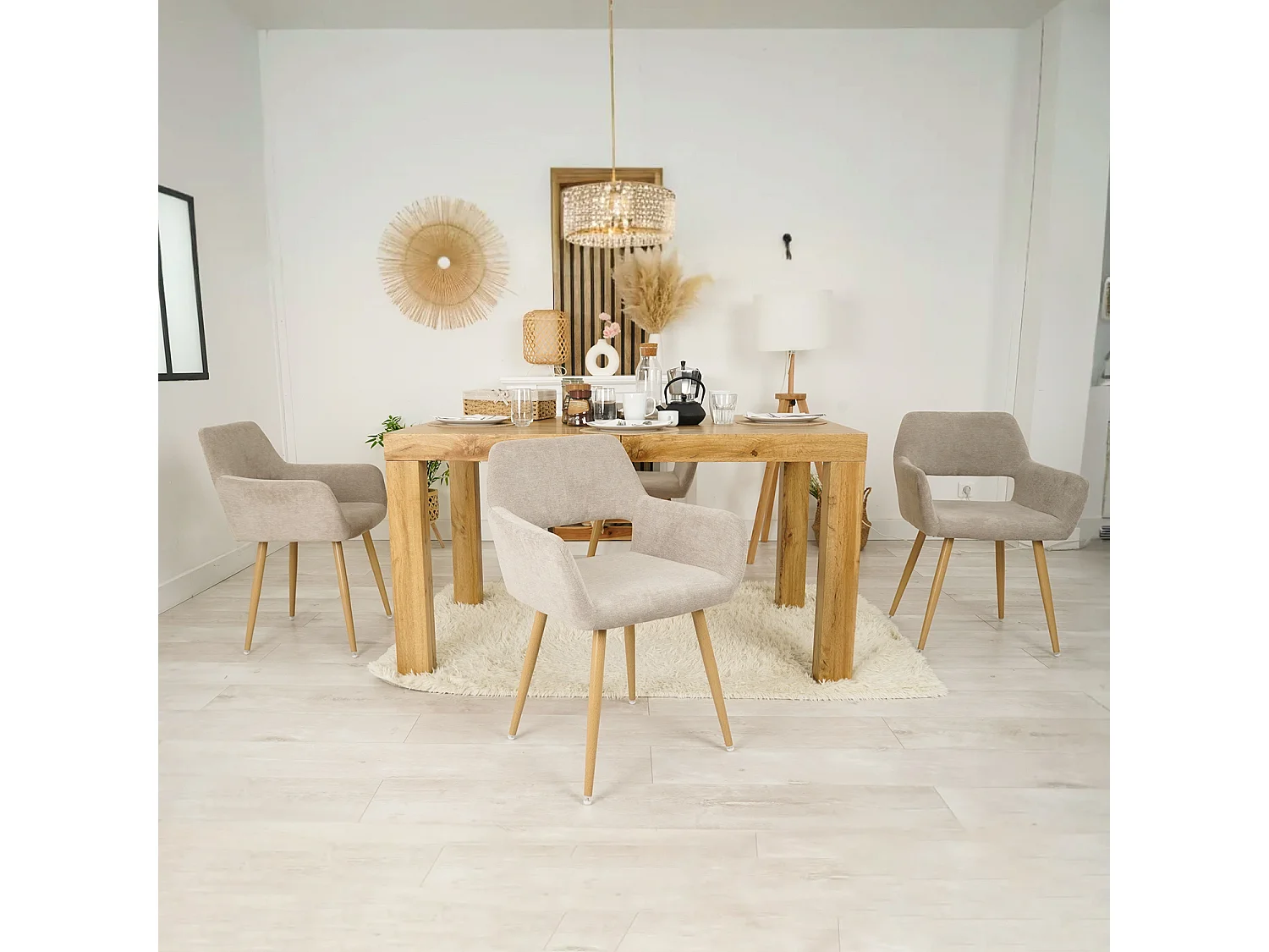 Lot de 4 Chaises de Salle à Manger Fauteuil Assise rembourrée en Tissu Pieds en métal Imitation Bois pour Cuisine Salon Chambre Bureau, Beige, Acier allié