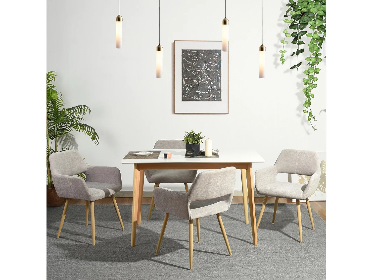 Lot de 4 Chaises de Salle à Manger Fauteuil Assise rembourrée en Tissu Pieds en métal Imitation Bois pour Cuisine Salon Chambre Bureau, Beige, Acier allié