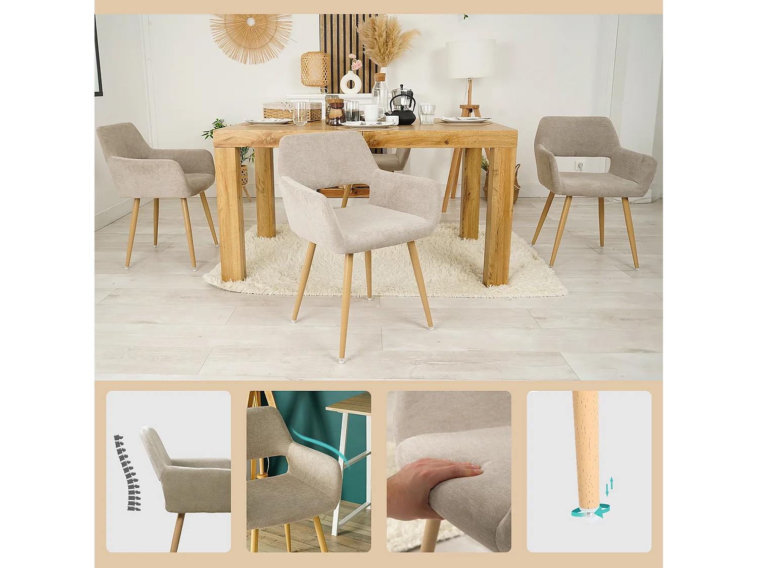 Lot de 4 Chaises de Salle à Manger Fauteuil Assise rembourrée en Tissu Pieds en métal Imitation Bois pour Cuisine Salon Chambre Bureau, Beige, Acier allié