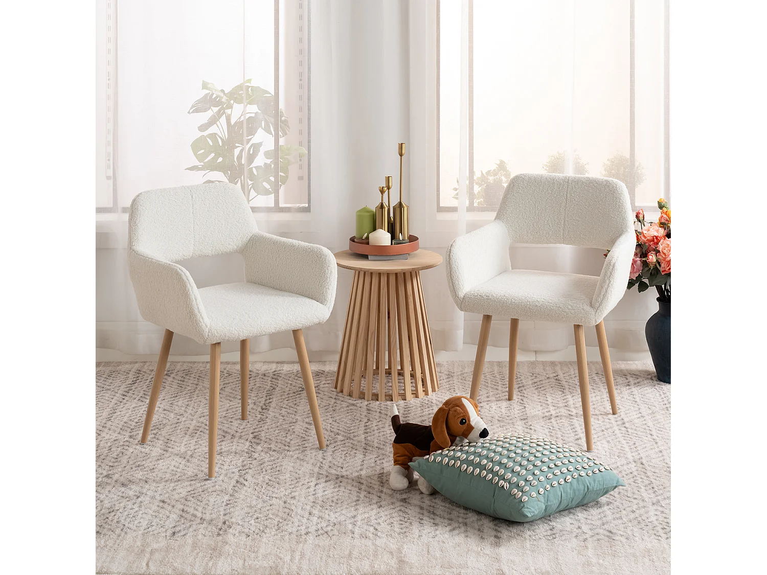 MEUBLES COSY Lot de 2 Chaises de Salle à Manger Scandinave Fauteuil Assise rembourrée en tissu bouclette Pieds en métal pour Cuisine Salon Chambre Bureau, Beige