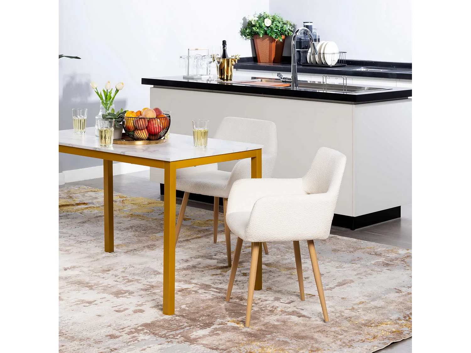 MEUBLES COSY Lot de 2 Chaises de Salle à Manger Scandinave Fauteuil Assise rembourrée en tissu bouclette Pieds en métal pour Cuisine Salon Chambre Bureau, Beige