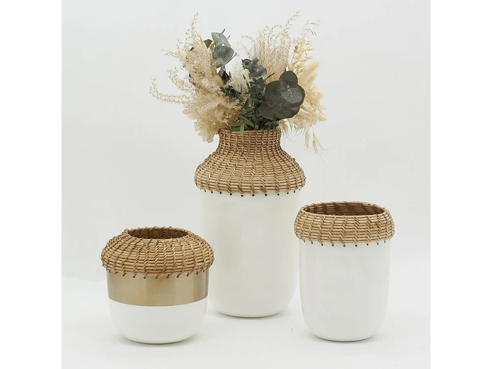 Vase en métal blanc et rotin Moyen modèle