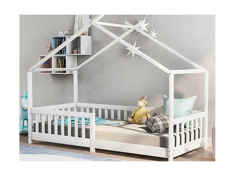 Hochbett Kinderbett 90x200cm aus Massivholz mit Rausfallschutz und Lattenrost - Weiß