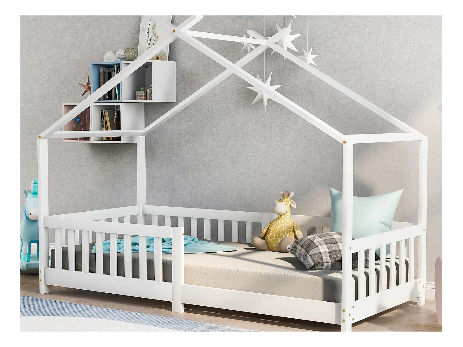 Lit cabane lit enfant 90x200cm en bois massif avec protection antichute et sommier à lattes - Blanc