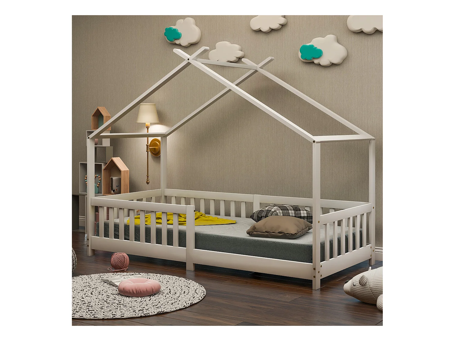Cama infantil cabina 90x200cm de madera maciza con protección contra caídas y somier de láminas - Blanco