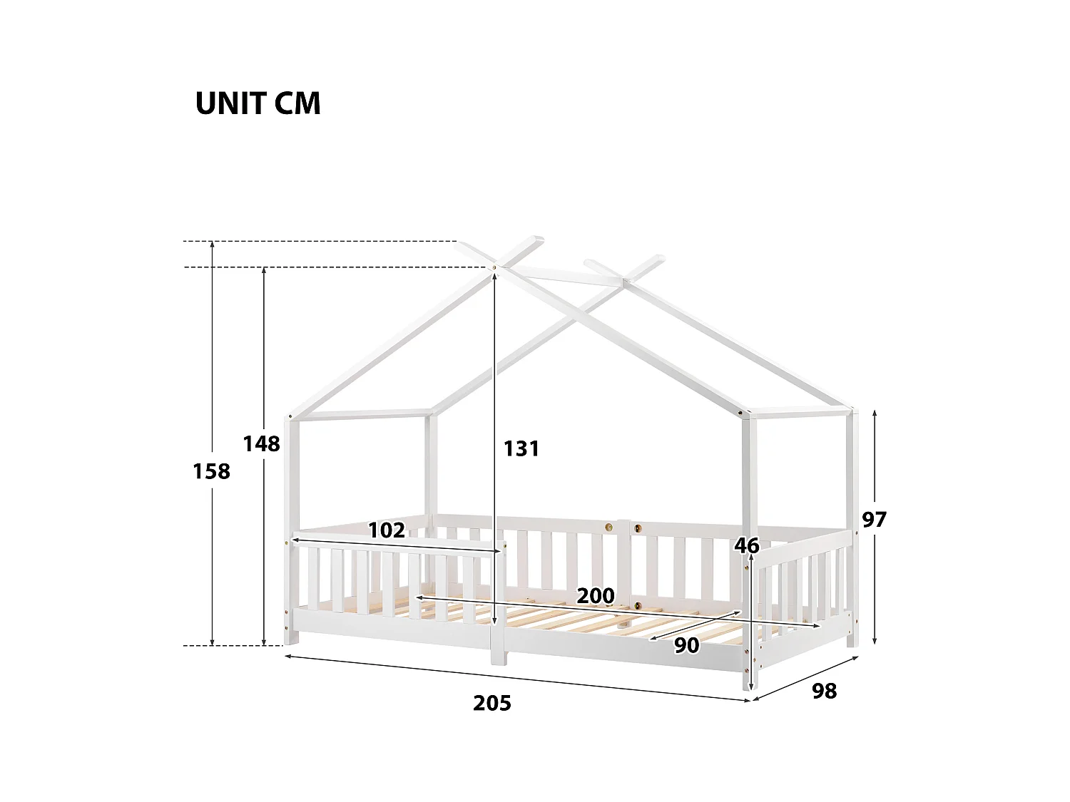Cama infantil cabina 90x200cm de madera maciza con protección contra caídas y somier de láminas - Blanco