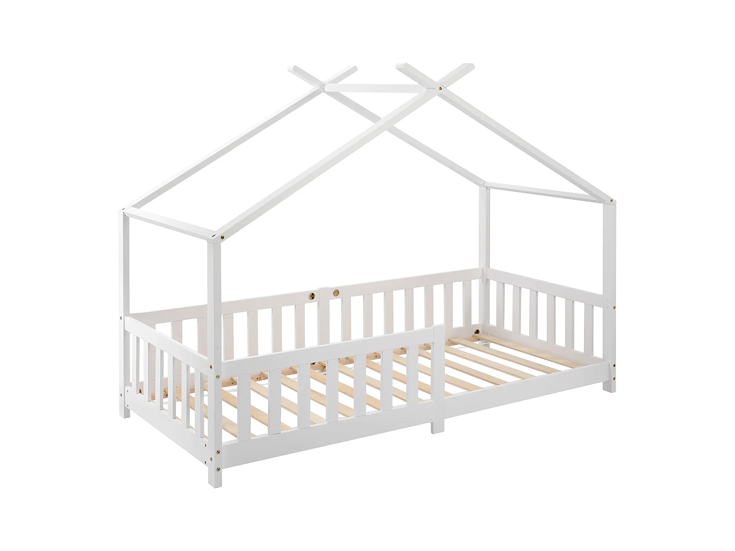 Cama infantil cabina 90x200cm de madera maciza con protección contra caídas y somier de láminas - Blanco