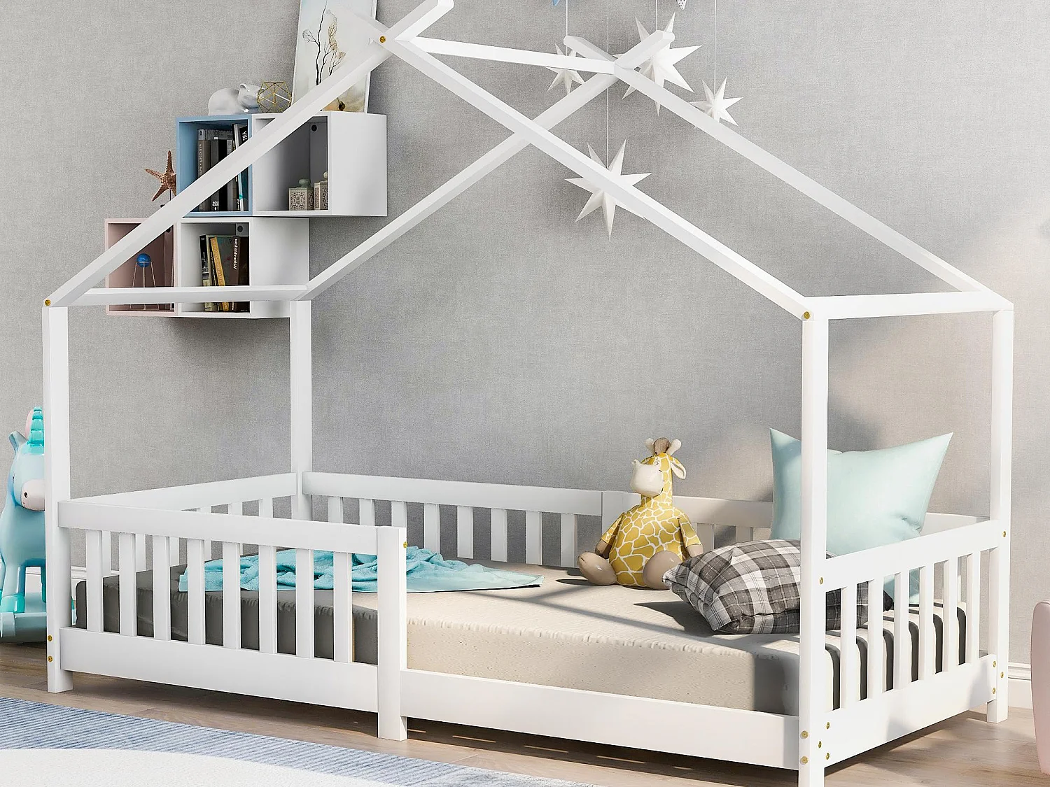 Cabinebed kinderbed 90x200cm in massief hout met valbeveiliging en lattenbodem - Wit