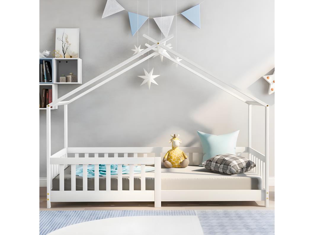 Cabinebed kinderbed 90x200cm in massief hout met valbeveiliging en lattenbodem - Wit
