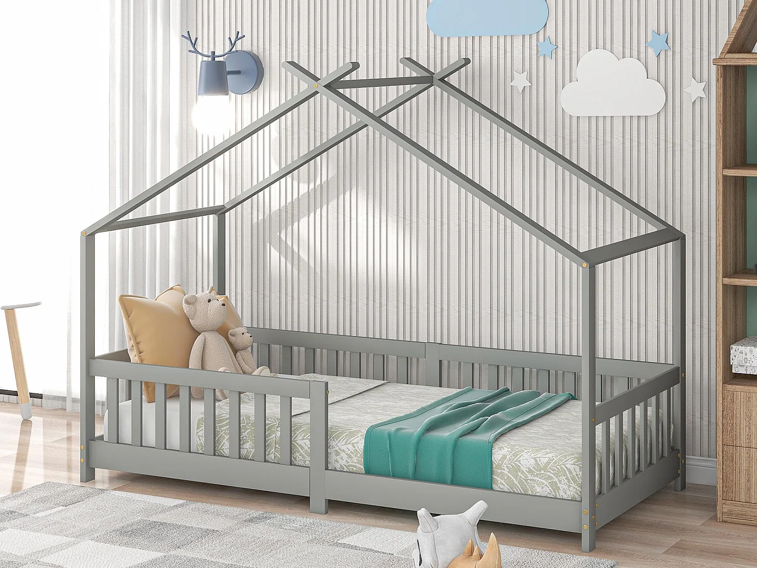 Hochbett Kinderbett 90x200cm aus Massivholz mit Rausfallschutz und Lattenrost - Grau