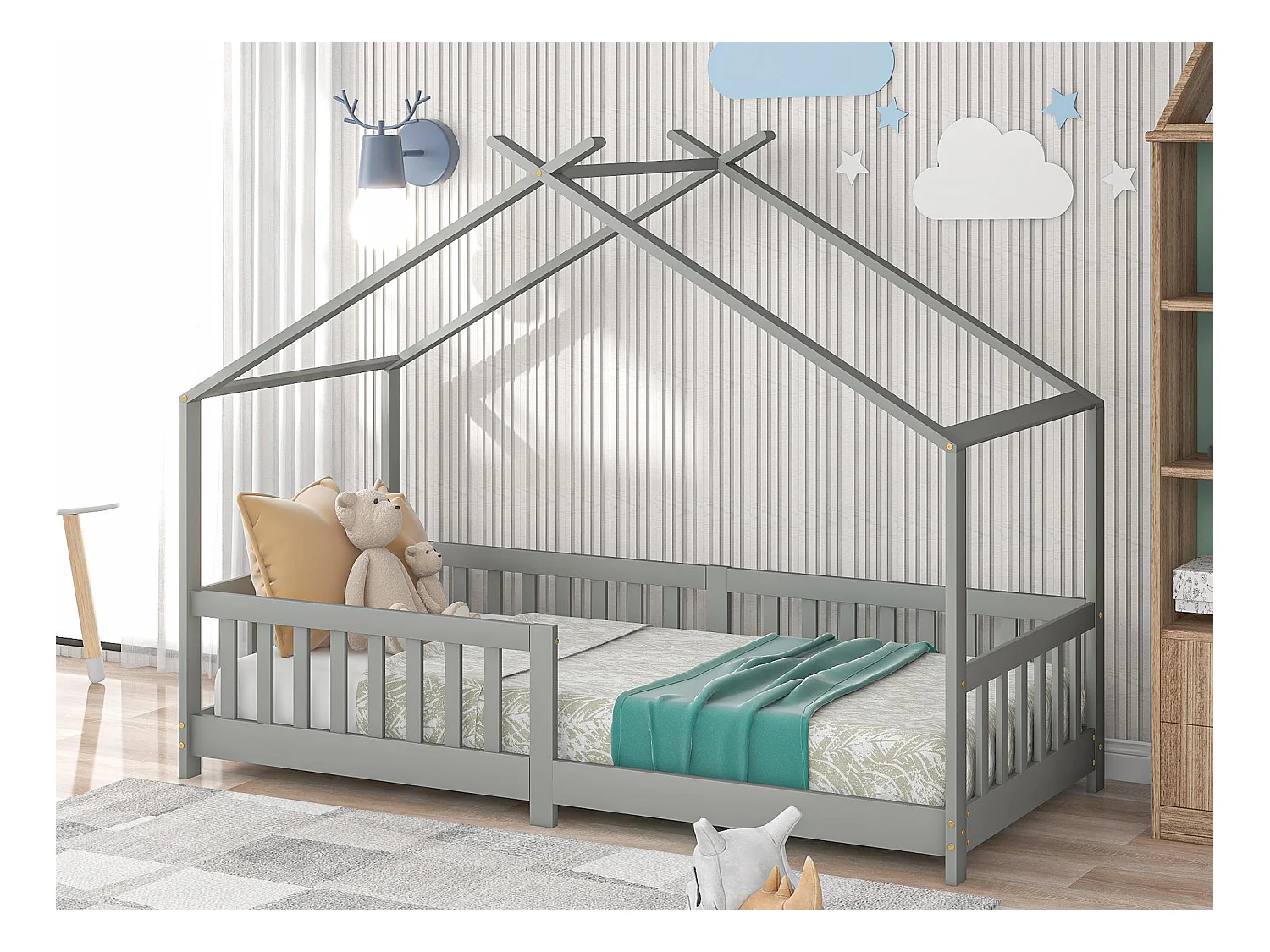 Lit cabane lit enfant 90x200cm en bois massif avec protection antichute et sommier à lattes - Gris