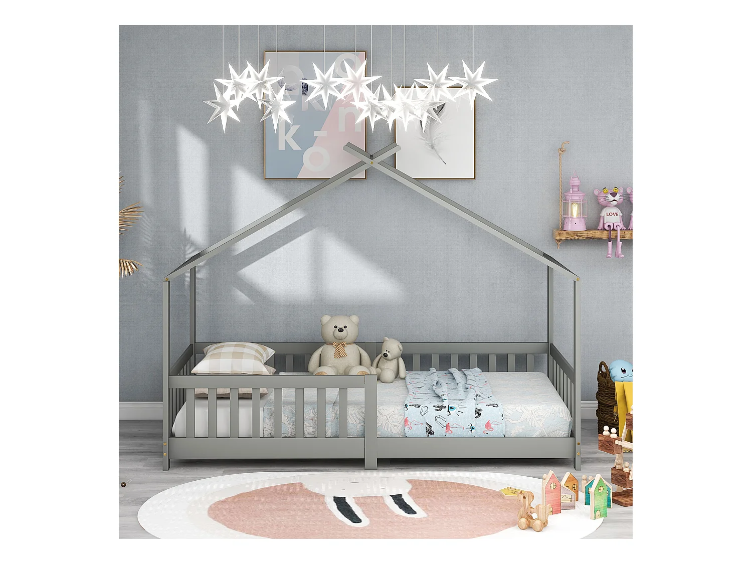 Cama infantil cabina 90x200cm de madera maciza con protección contra caídas y somier de láminas - Gris