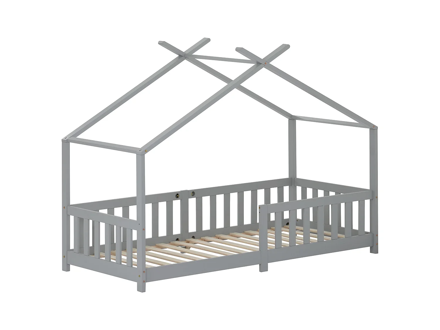 Cama infantil cabina 90x200cm de madera maciza con protección contra caídas y somier de láminas - Gris