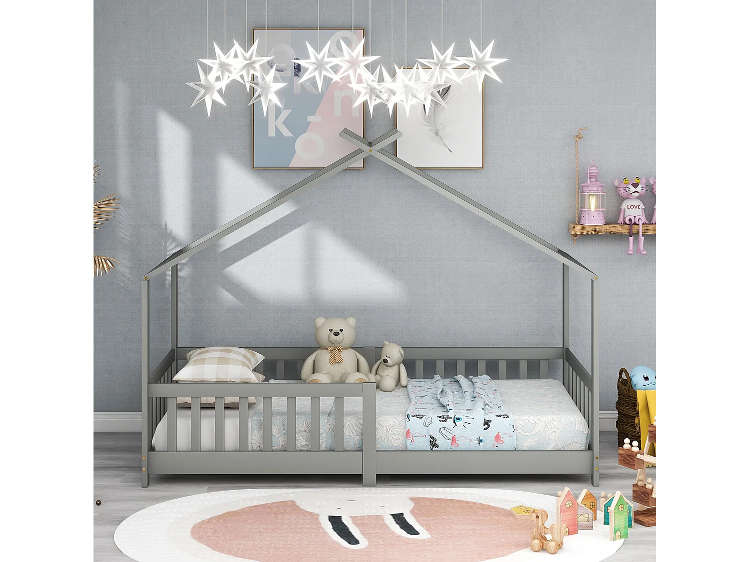 Letto cabina per bambini 90x200cm in legno massello con protezione anticaduta e rete a doghe - Grigio