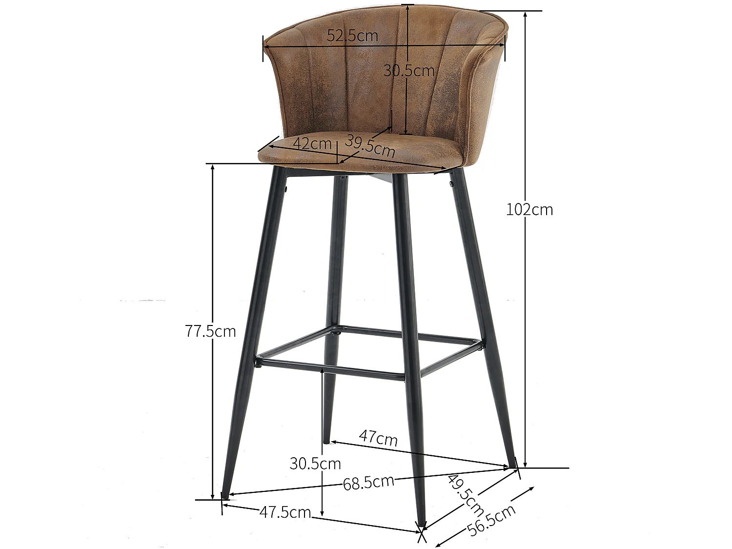 Lot de 4 Tabourets de Bar Hauteur d'Assise 77,5 cm Style Industreil et Vintage rembourrées en suède Pieds en Métal,DONCIC