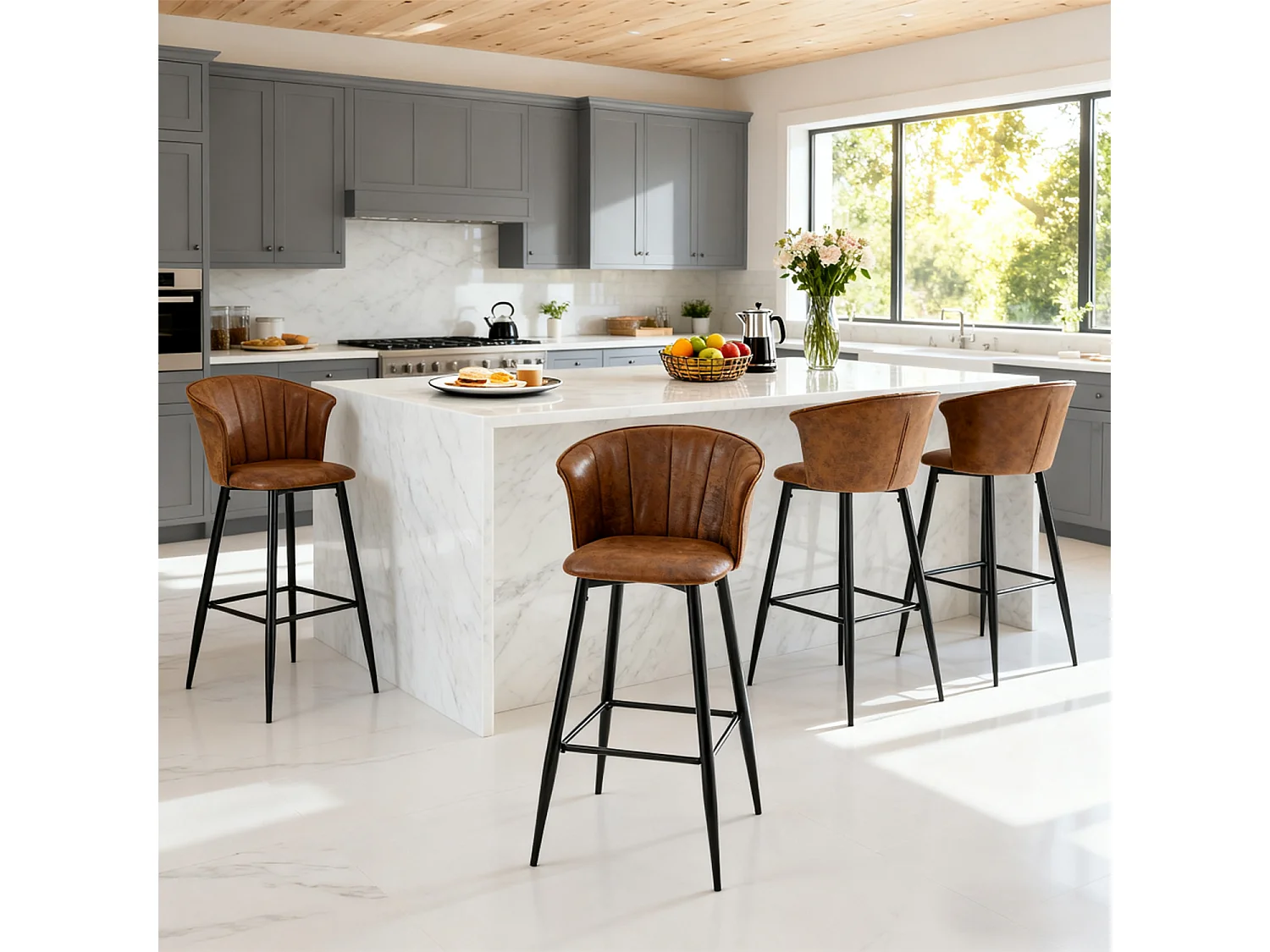 MEUBLES COSY Lot de 4 tabourets de bar chaises rembourrées en suède marron avec accoudoirs, dossier et repose-pieds, style industriel, pieds en métal noir