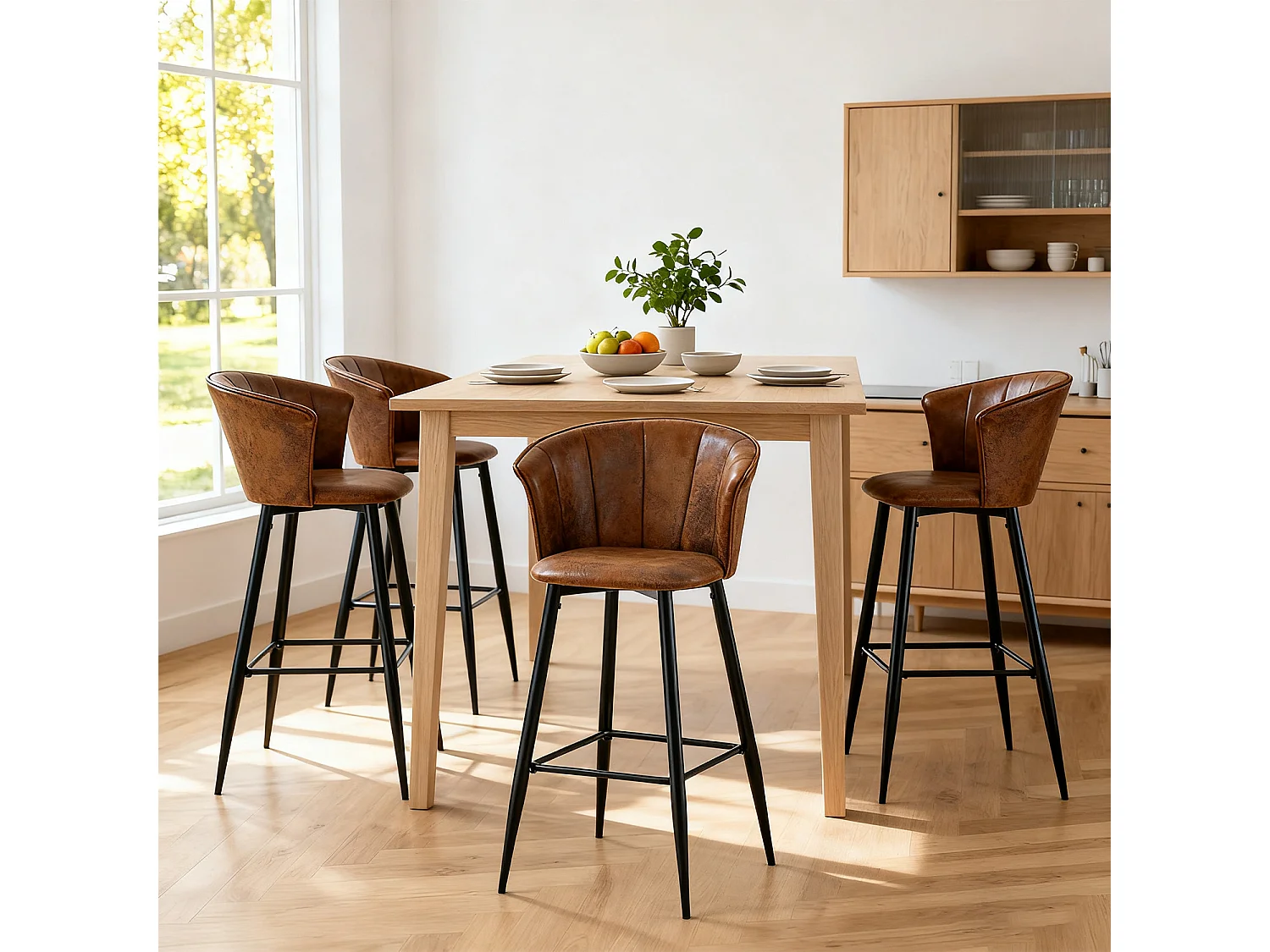 MEUBLES COSY Lot de 4 tabourets de bar chaises rembourrées en suède marron avec accoudoirs, dossier et repose-pieds, style industriel, pieds en métal noir