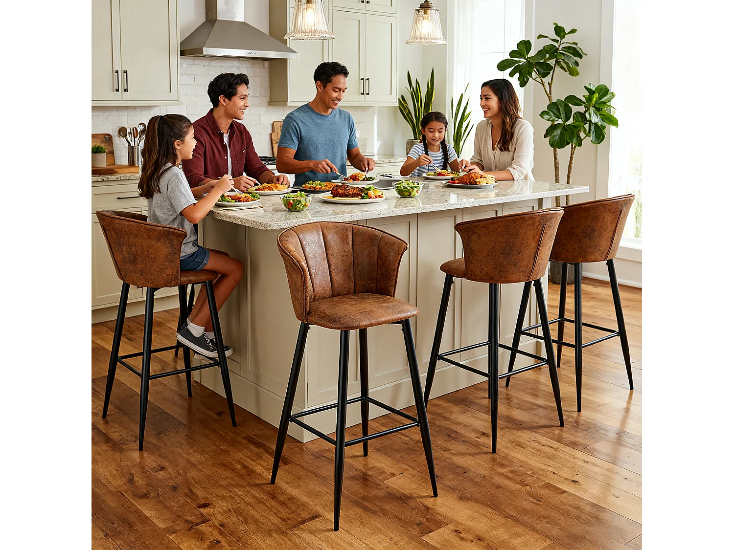 MEUBLES COSY Lot de 4 tabourets de bar chaises rembourrées en suède marron avec accoudoirs, dossier et repose-pieds, style industriel, pieds en métal noir