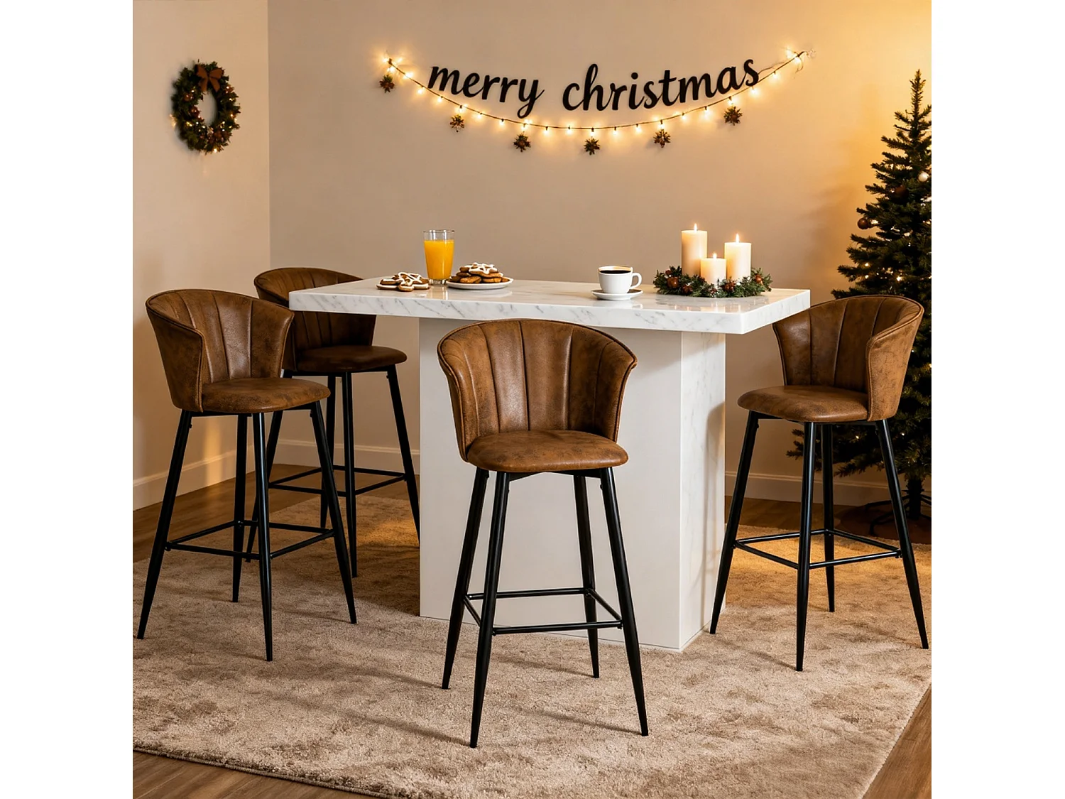 MEUBLES COSY Lot de 4 tabourets de bar chaises rembourrées en suède marron avec accoudoirs, dossier et repose-pieds, style industriel, pieds en métal noir