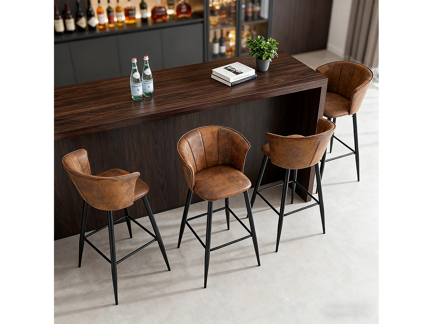 MEUBLES COSY Lot de 4 tabourets de bar chaises rembourrées en suède marron avec accoudoirs, dossier et repose-pieds, style industriel, pieds en métal noir