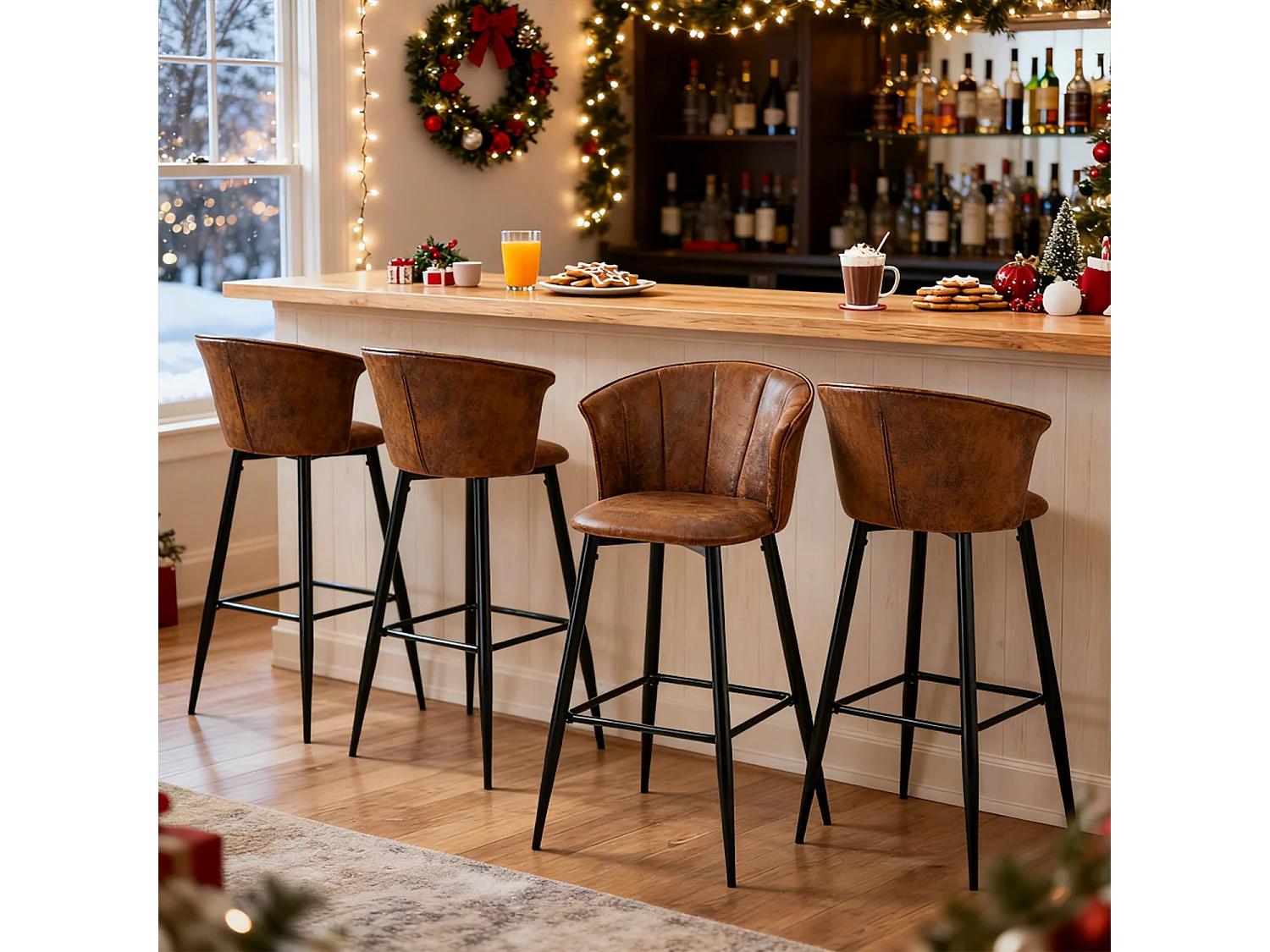 MEUBLES COSY Lot de 4 tabourets de bar chaises rembourrées en suède marron avec accoudoirs, dossier et repose-pieds, style industriel, pieds en métal noir