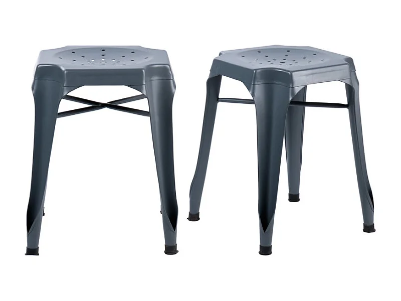 Lot 2 tabourets métal gris avec perforations sur l'assise - METALICA