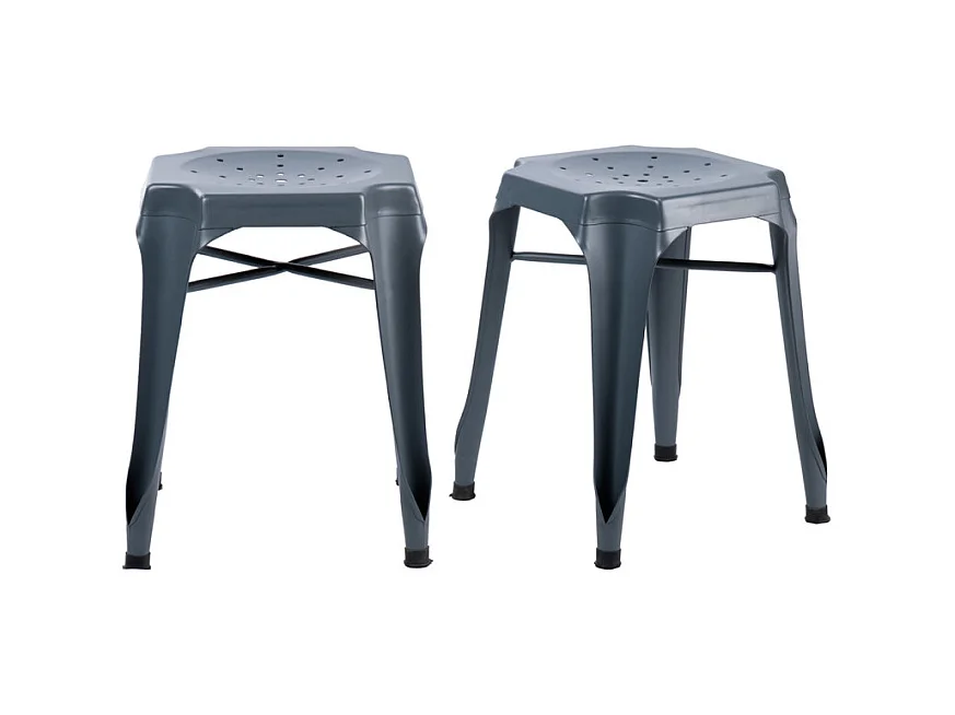 Lot 2 tabourets métal gris avec perforations sur l'assise - METALICA