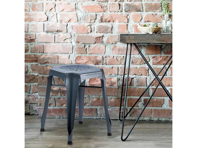 Lot 2 tabourets métal gris avec perforations sur l'assise - METALICA