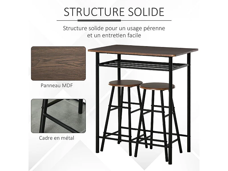 Ensemble table bar et 2 tabourets TRAPANI bois et noir