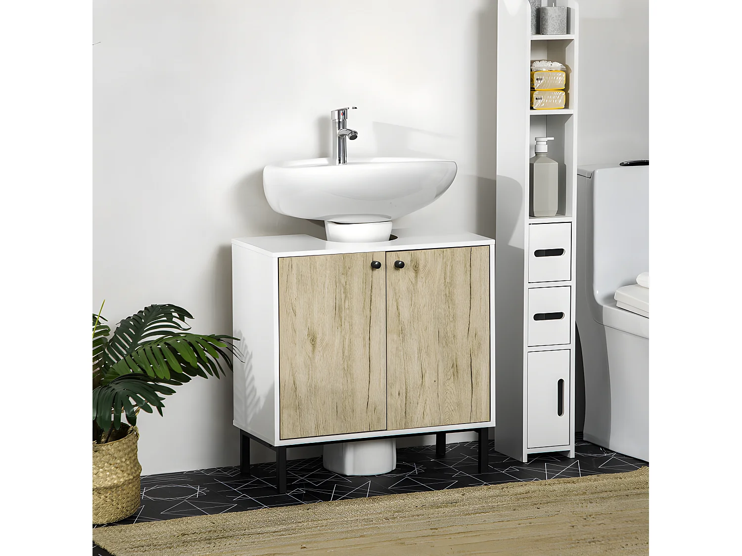 Meuble sous-vasque ELIOT aspect bois et acier noir