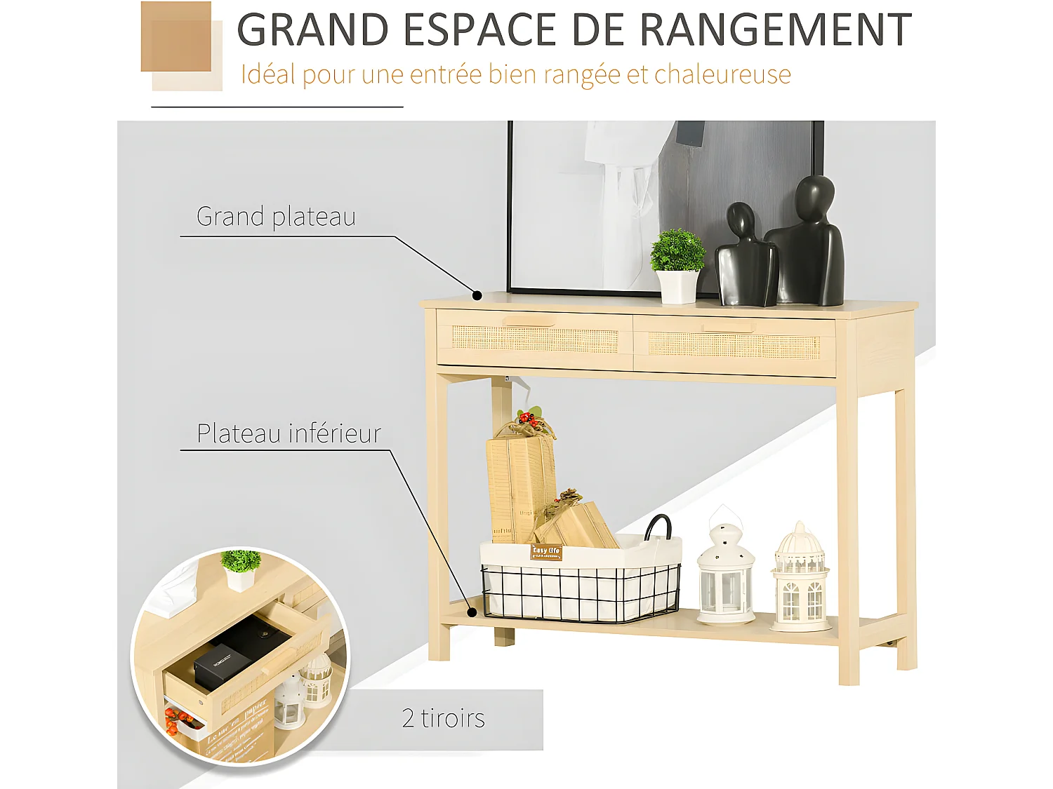 Console 2 tiroirs cannage rotin MILDURA aspect bois cair