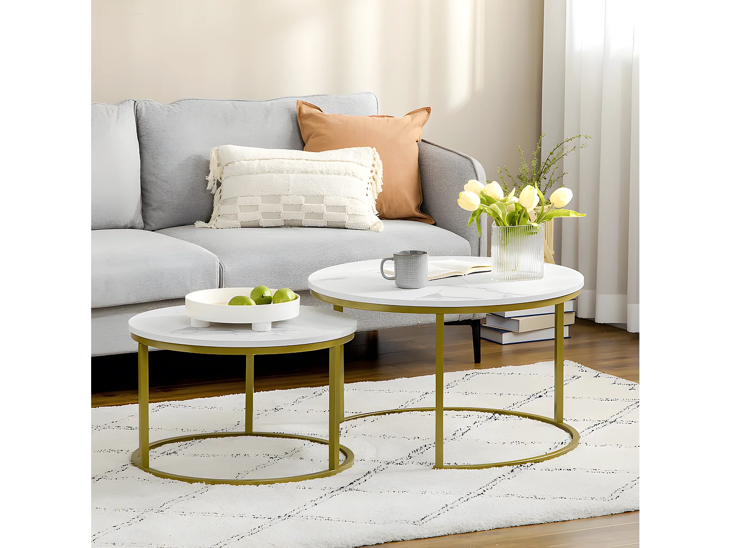 Lot de 2 tables gigognes rondes MARSALA aspect marbre blanc