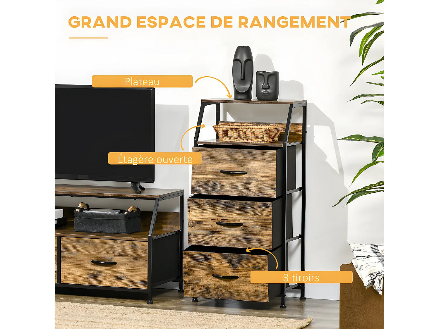 Meuble industriel 3 tiroirs UDINE bois et noir