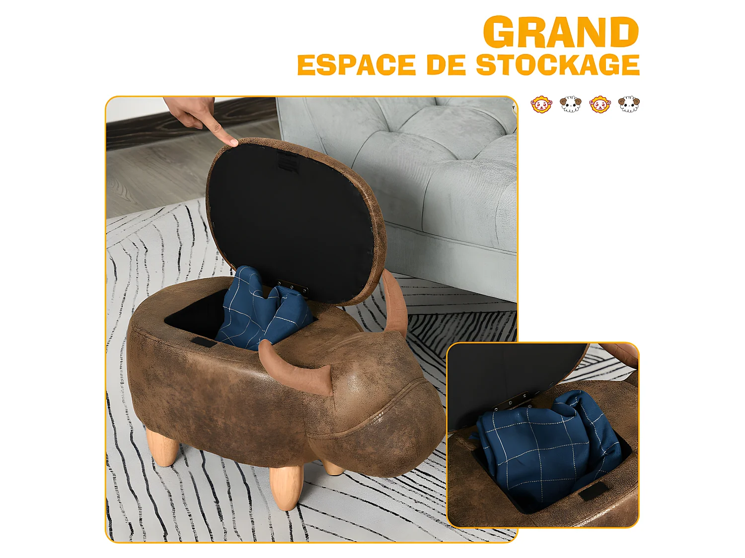 Pouf coffre buffle SEVILLE marron daim vieilli