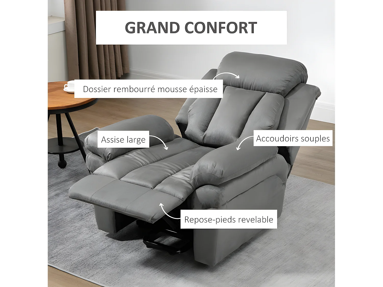 Fauteuil de Relaxation Releveur Boston avec Repose-Pieds Tissu Gris