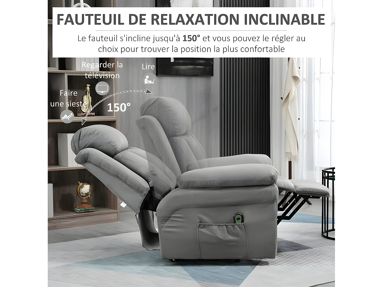 Fauteuil de Relaxation Releveur Boston avec Repose-Pieds Tissu Gris