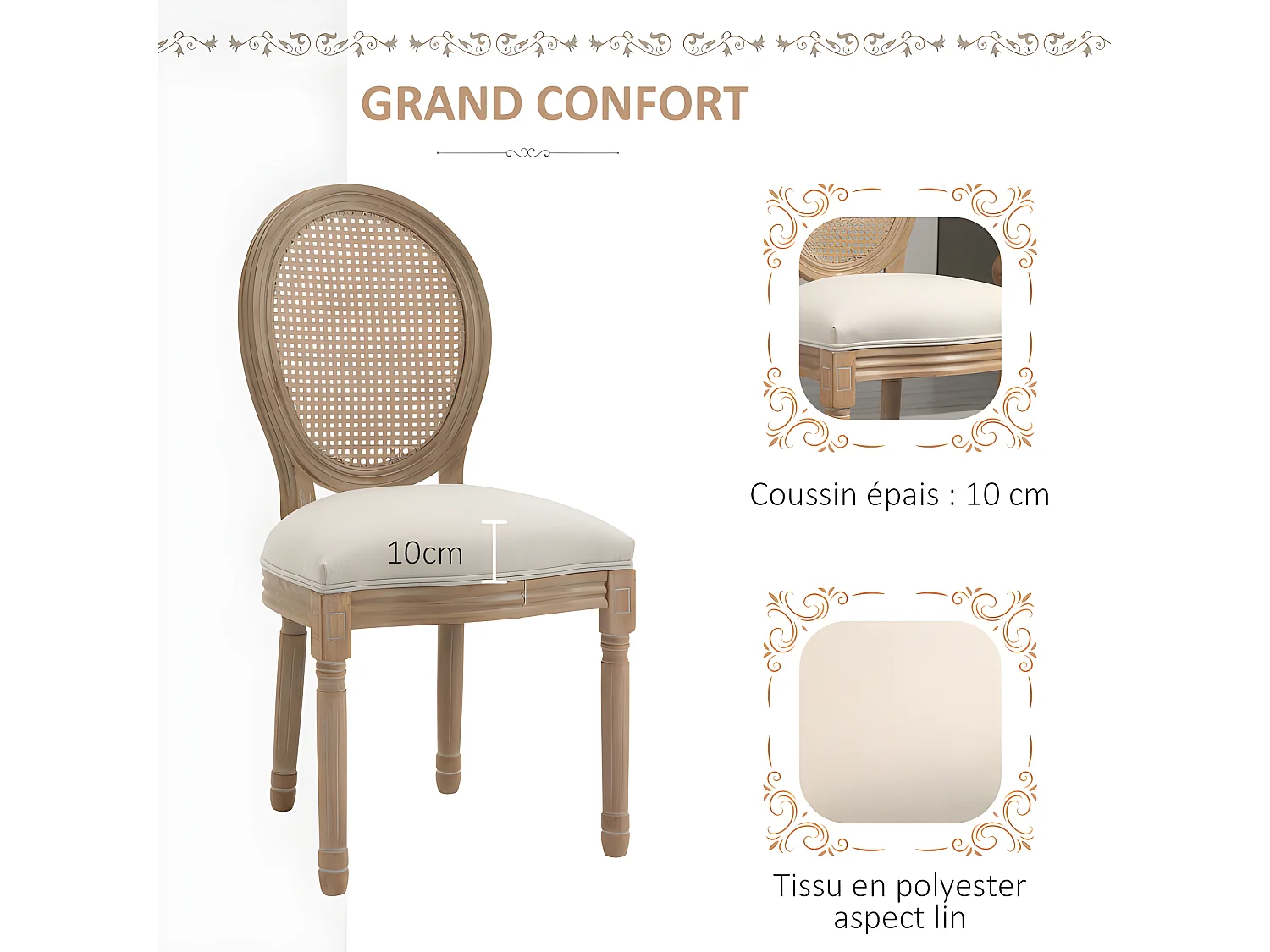 Lot de 2 chaises Louis XVI cannage VERSAILLES lin beige