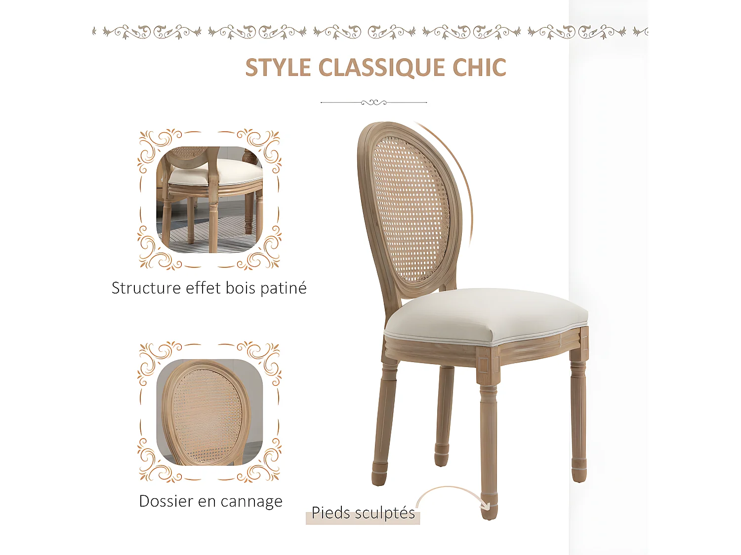 Lot de 2 chaises Louis XVI cannage VERSAILLES lin beige
