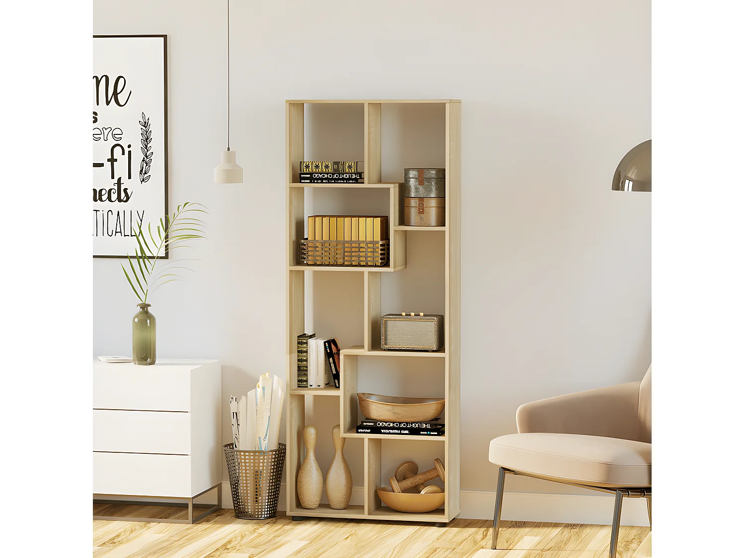 Bibliothèque étagère zigzag Zéphyr en bois naturel