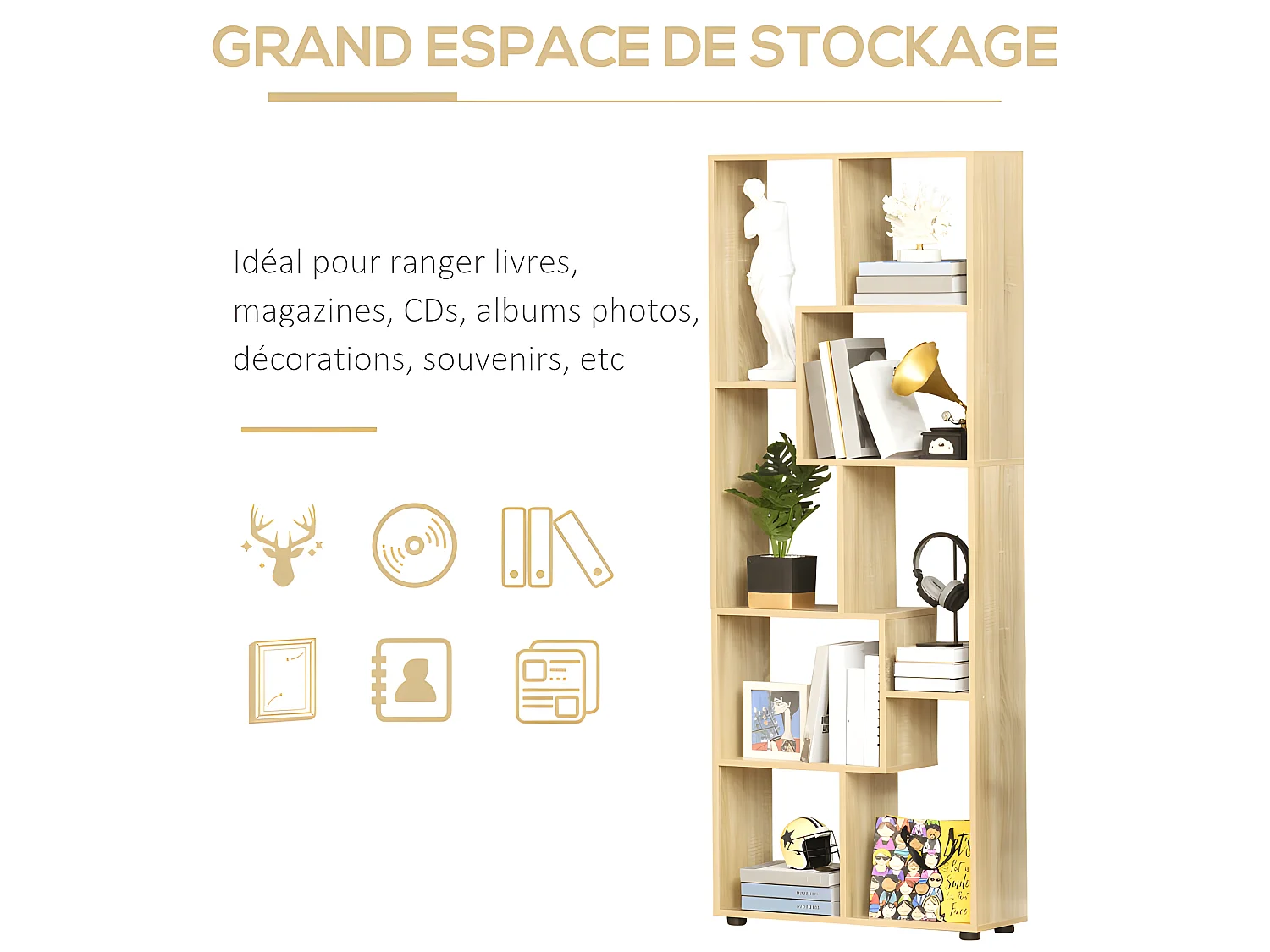 Bibliothèque étagère zigzag Zéphyr en bois naturel