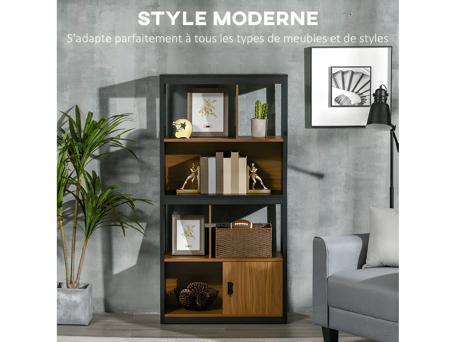 Bibliothèque étagère LINARES bois et noir