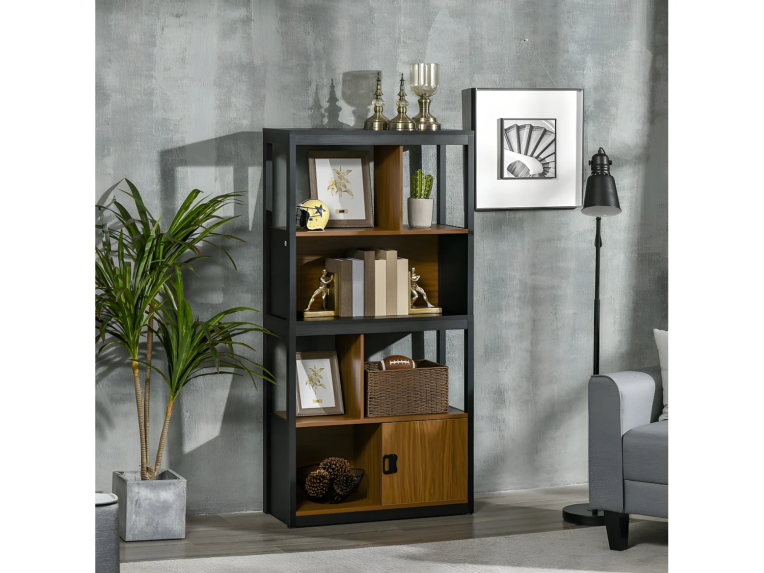 Bibliothèque étagère LINARES bois et noir
