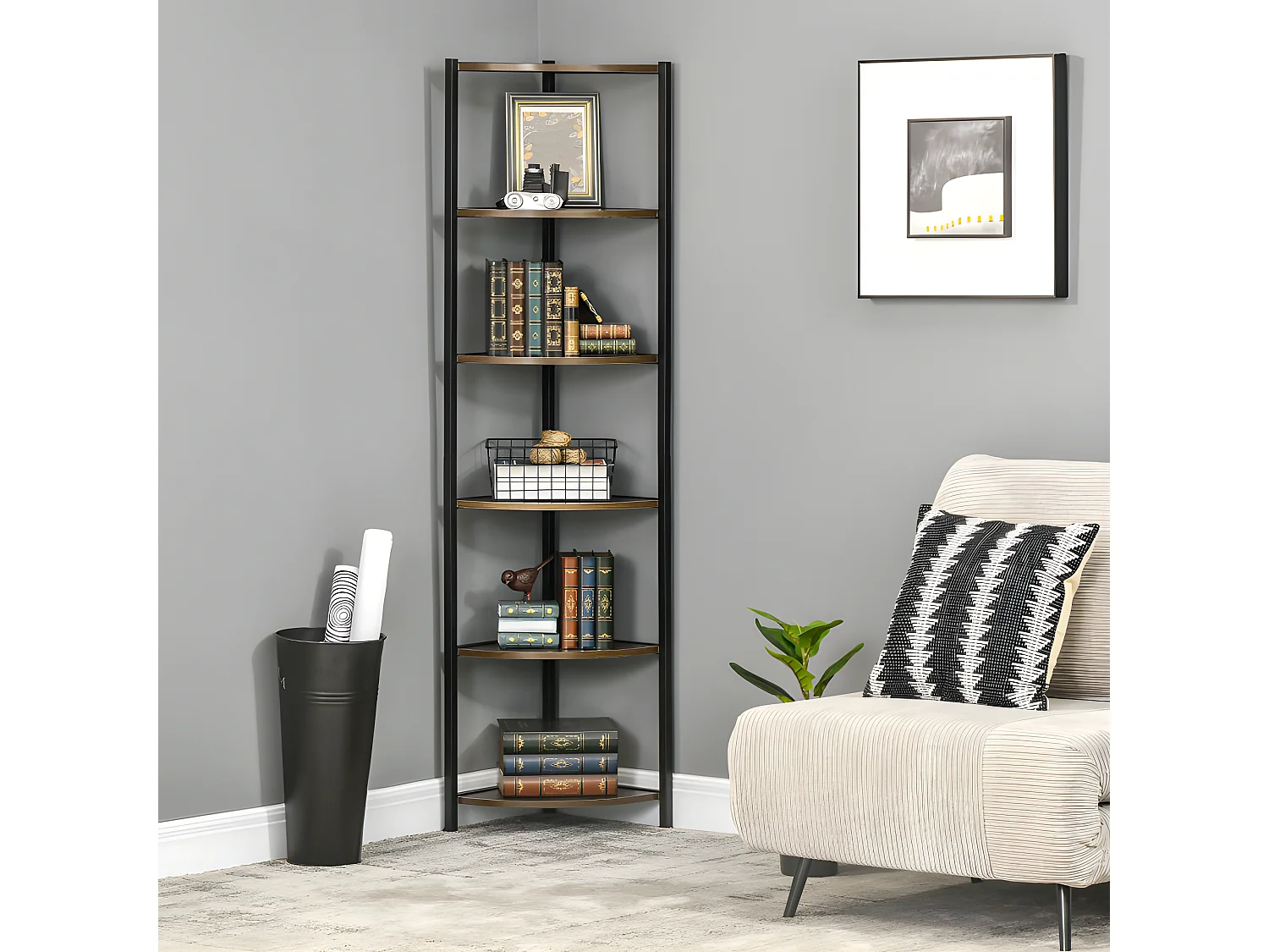 Bibliothèque étagère d'angle RECIF aspect bois et noir