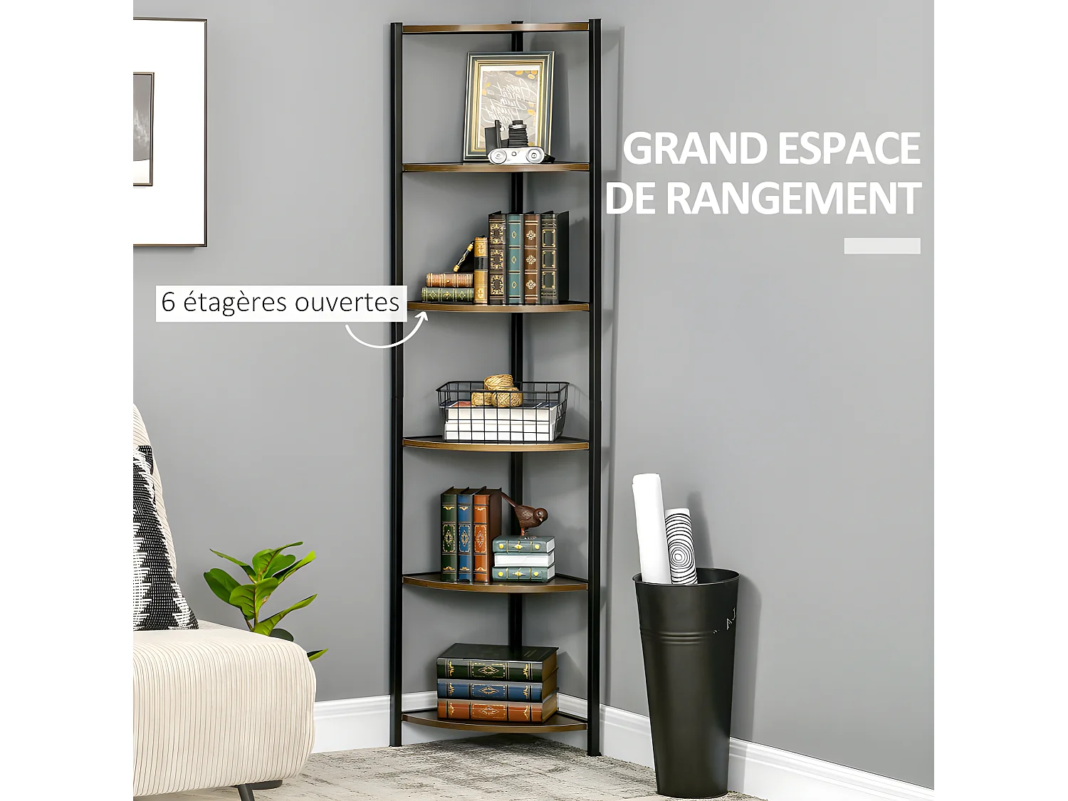 Bibliothèque étagère d'angle RECIF aspect bois et noir