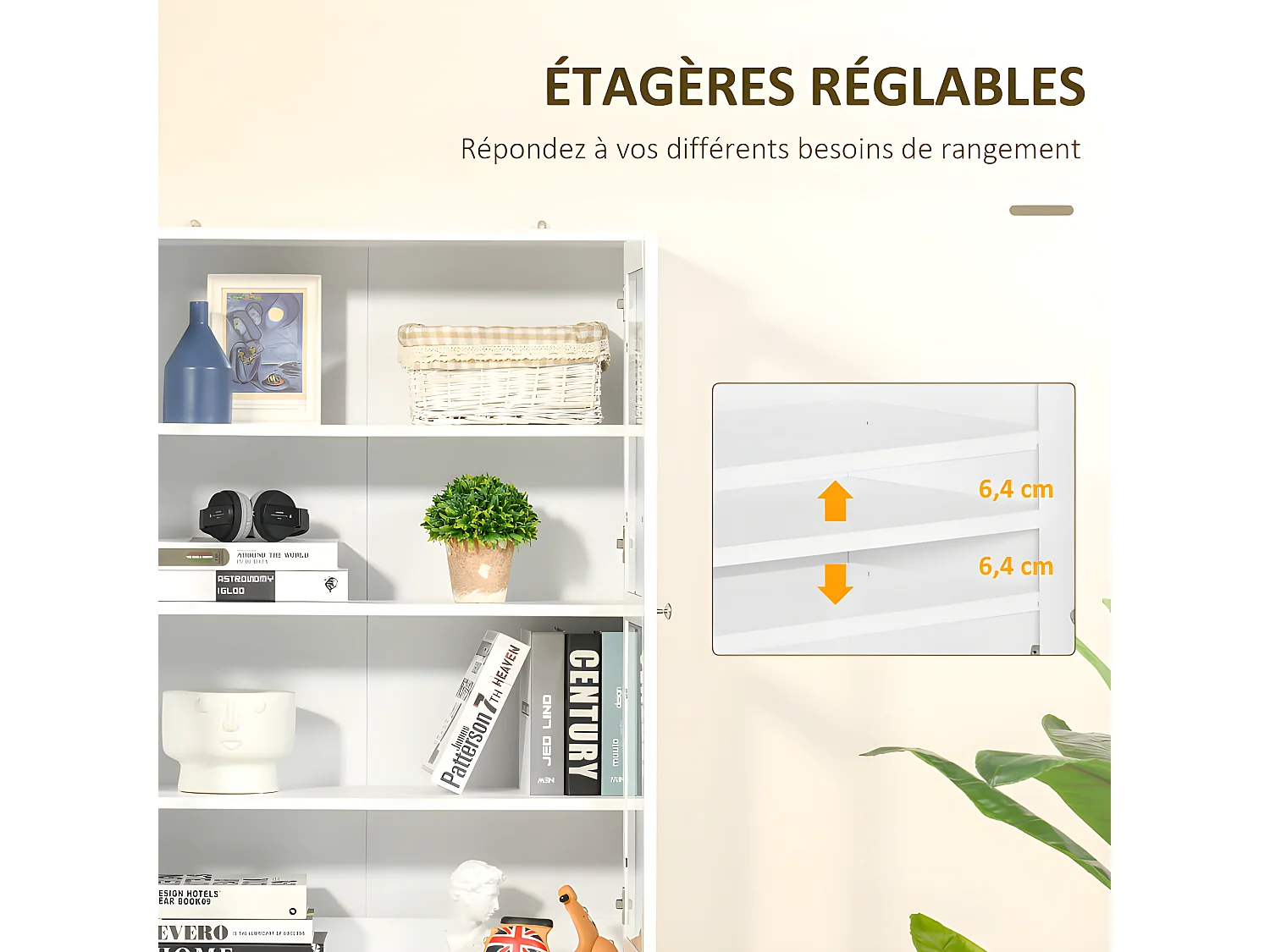 Bibliothèque vitrine 4 portes PISE bois blanc