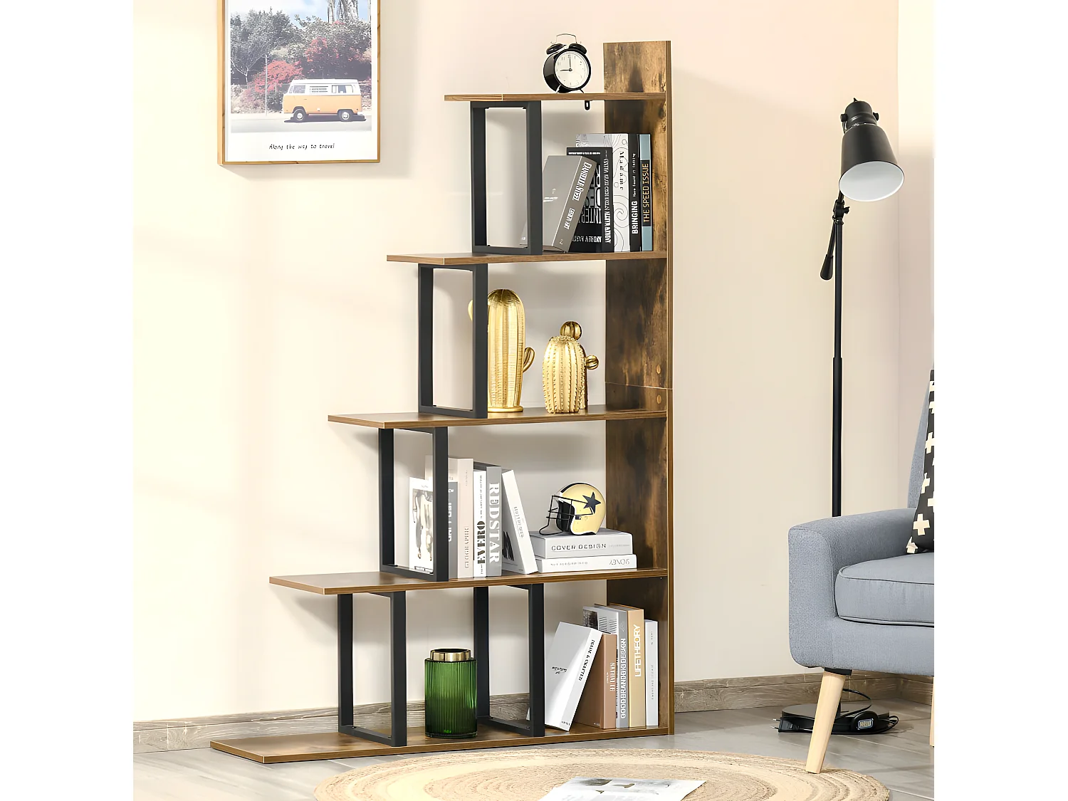 Etagère bibliothèque escalier AREZZO bois et noir